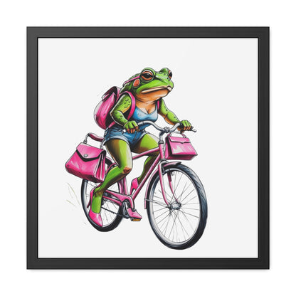Whimsical Frog on Bicycle Framed Poster, Quirky Wall Art, Home Decor, Gift for Nature Lovers, Bike Enthusiasts