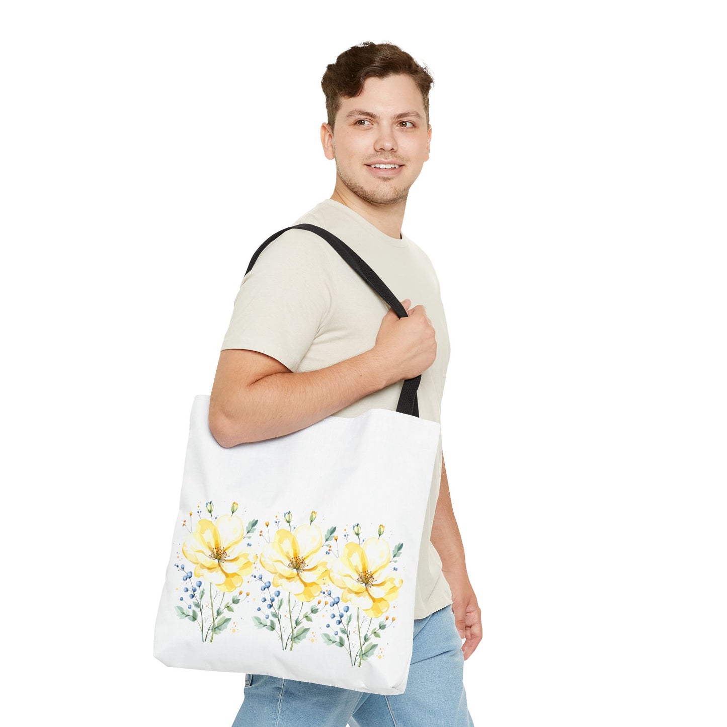 Floral Peony Tote Bag — Yellow Watercolor Flowers on White