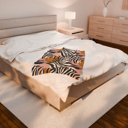 Velveteen Plush Blanket – Pink & Mustard Abstract Zebra Print Cozy Throw