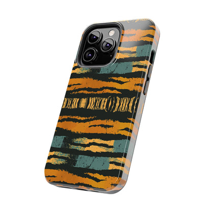 Tiger Stripe Tough Phone Case — Rugged Protective iPhone Cover with Amber & Teal Brushstroke Pattern