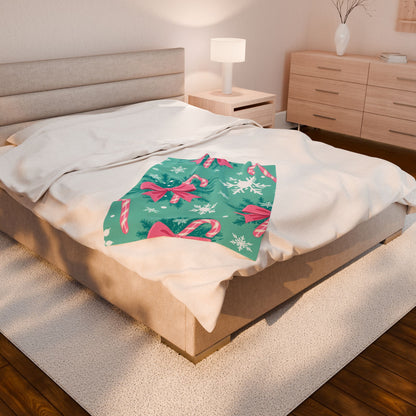 Christmas Candy Cane Plush Blanket — Teal Snowflake Velveteen Throw