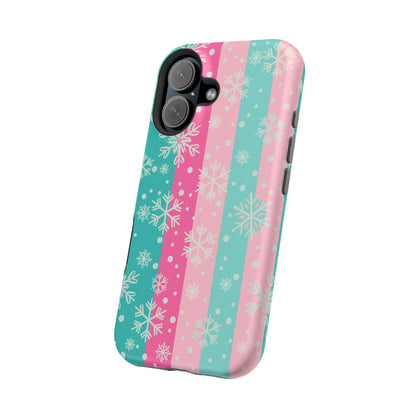 Snowflake Striped Magnetic Impact-Resistant Phone Case — Pink & Teal Winter Design