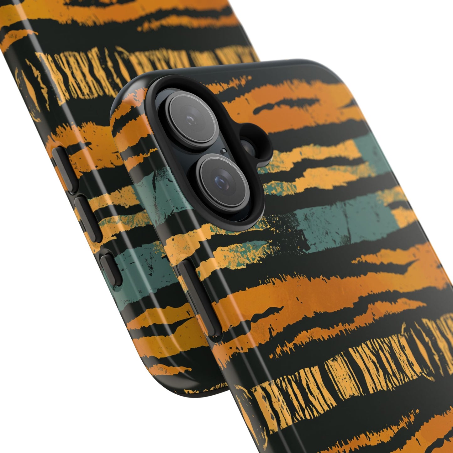 Tiger Stripe Tough Phone Case — Rugged Protective iPhone Cover with Amber & Teal Brushstroke Pattern