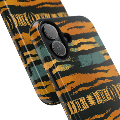 Tiger Stripe Tough Phone Case — Rugged Protective iPhone Cover with Amber & Teal Brushstroke Pattern
