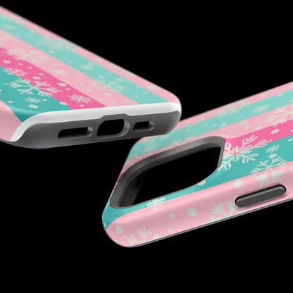 Snowflake Striped Magnetic Impact-Resistant Phone Case — Pink & Teal Winter Design