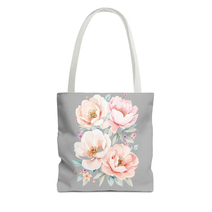 Floral Peony Tote Bag — Pink Watercolor Flowers on Grey