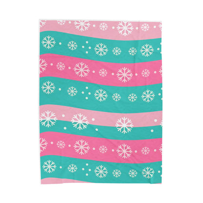 Snowflake Stripe Plush Blanket — Teal & Pink Velveteen Throw
