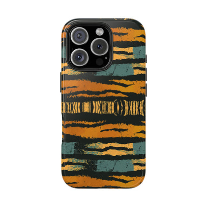 Tiger Stripe Tough Phone Case — Rugged Protective iPhone Cover with Amber & Teal Brushstroke Pattern