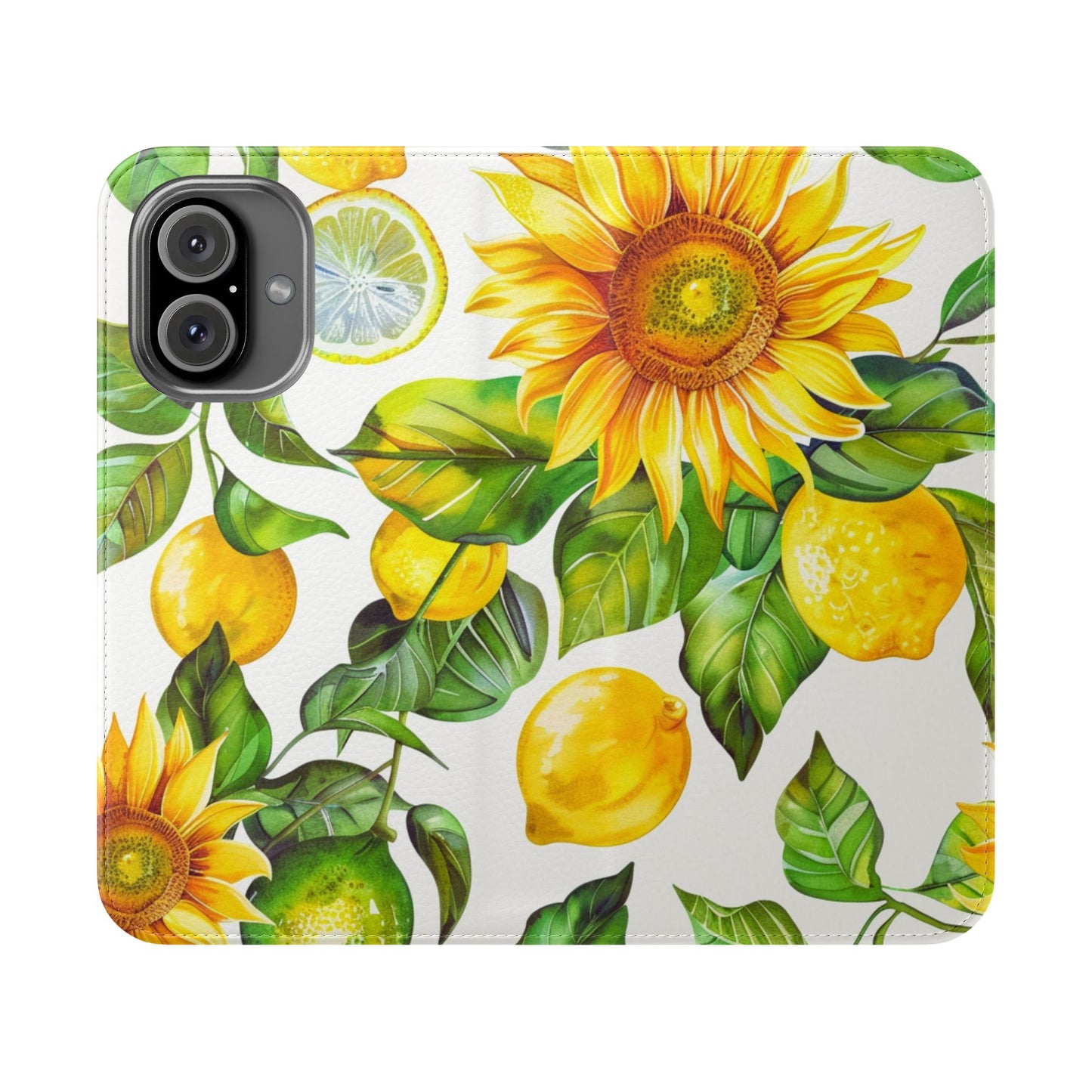 Sunflower & Lemon Flip Phone Case – Floral Wallet Flip Case with Card Slots