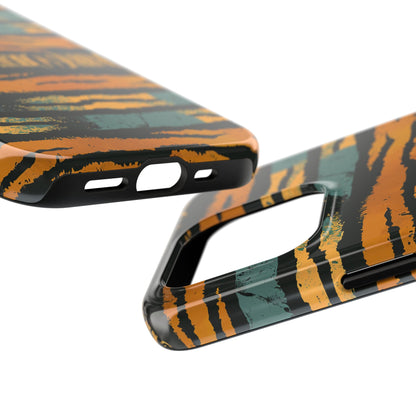 Tiger Stripe Tough Phone Case — Rugged Protective iPhone Cover with Amber & Teal Brushstroke Pattern