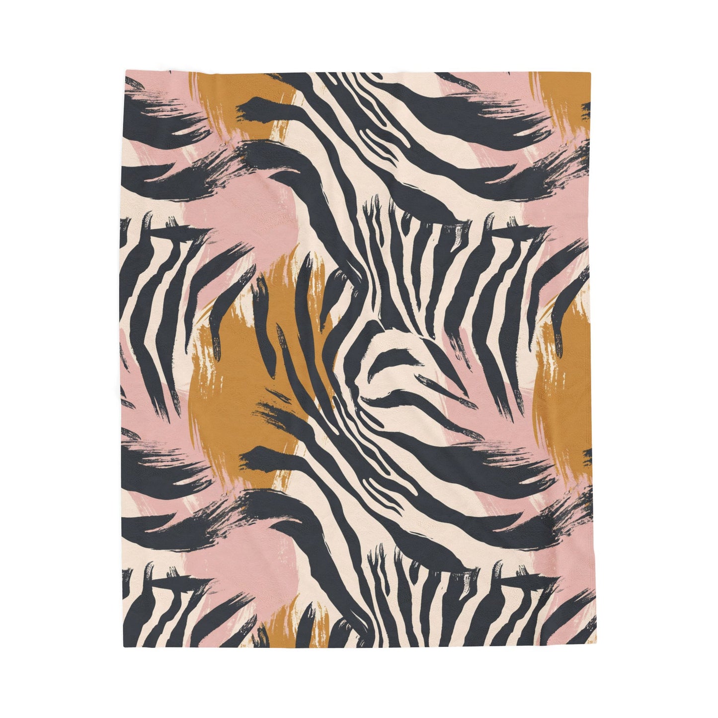 Velveteen Plush Blanket – Pink & Mustard Abstract Zebra Print Cozy Throw