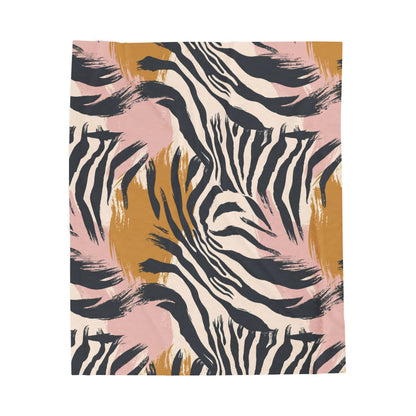 Velveteen Plush Blanket – Pink & Mustard Abstract Zebra Print Cozy Throw
