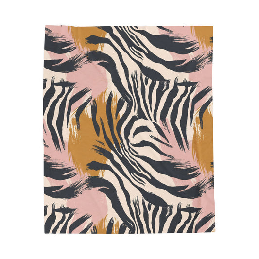 Velveteen Plush Blanket – Pink & Mustard Abstract Zebra Print Cozy Throw