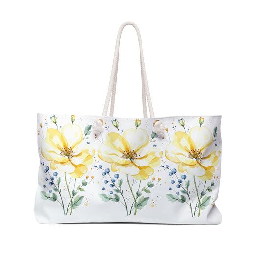 Floral Yellow Peony Weekender Bag — Large Watercolor Travel Tote