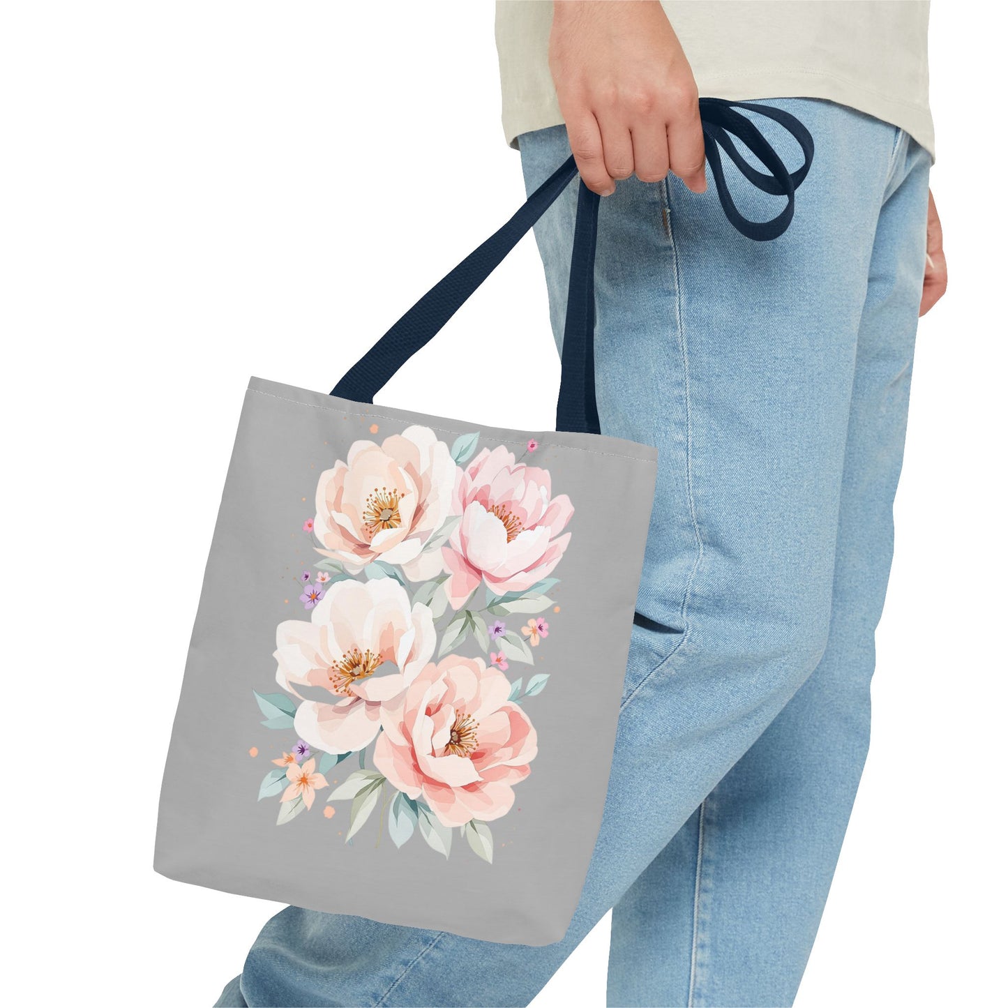 Floral Peony Tote Bag — Pink Watercolor Flowers on Grey